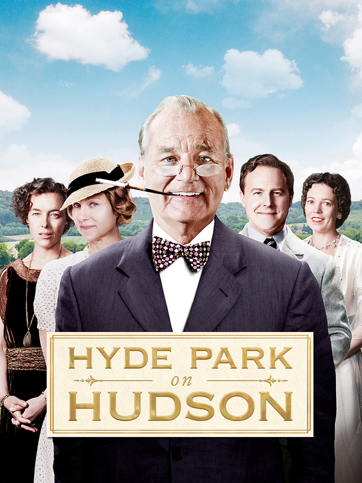Tom Hanks standing in suit and bow tie with cigarette in cigarette holder and behind him is one man and three women. Words on bottom 'Hyde Park on Hudson'