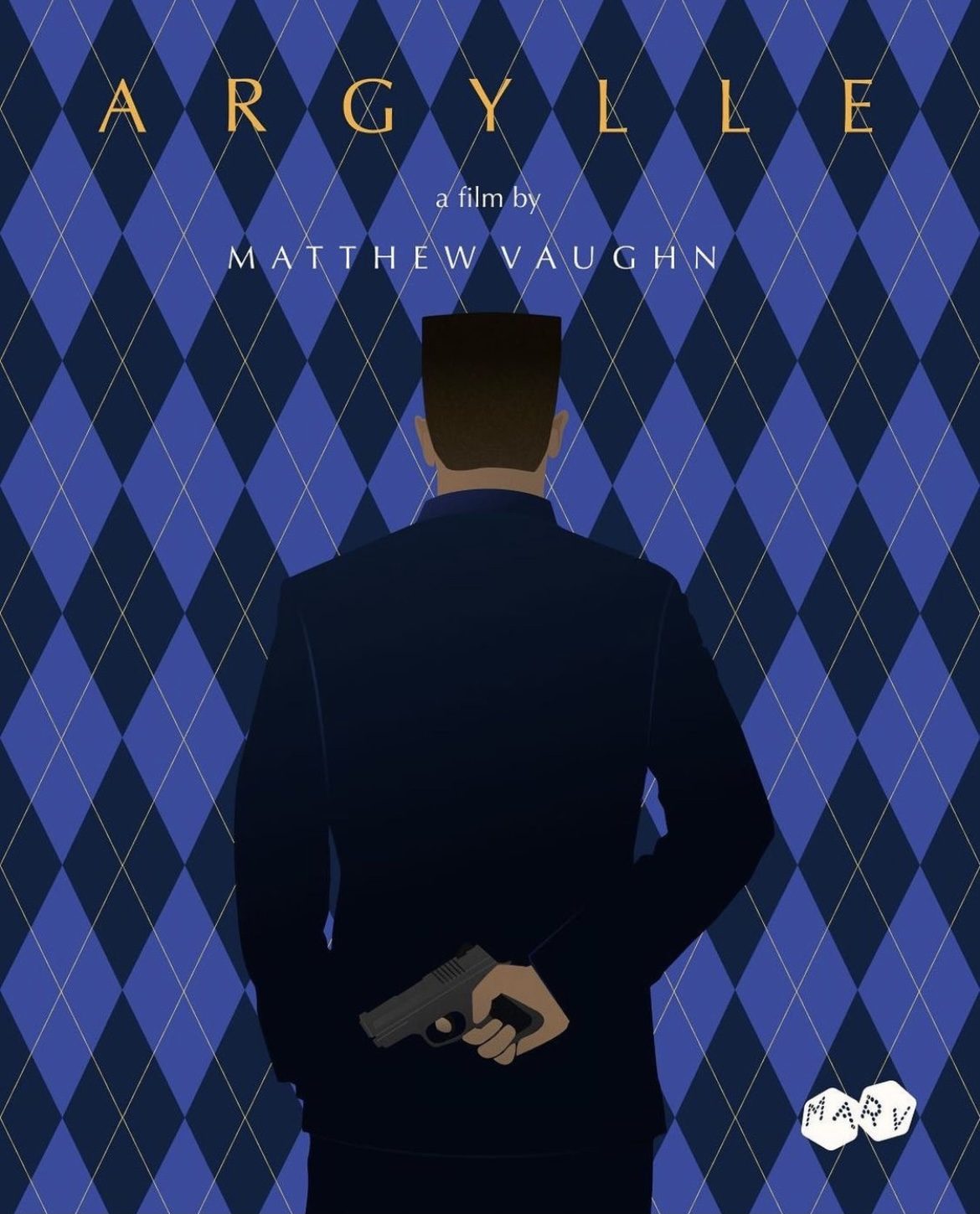 "Argylle a film by Matthew Vaughn" with a character with back showing and gun behind his arm - poster