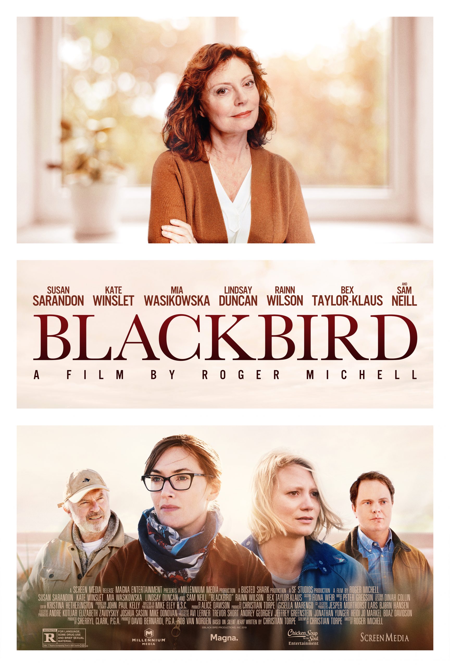 Woman with arms folded and text "Blackbird" underneath and picture of two women and two men underneath that - poster