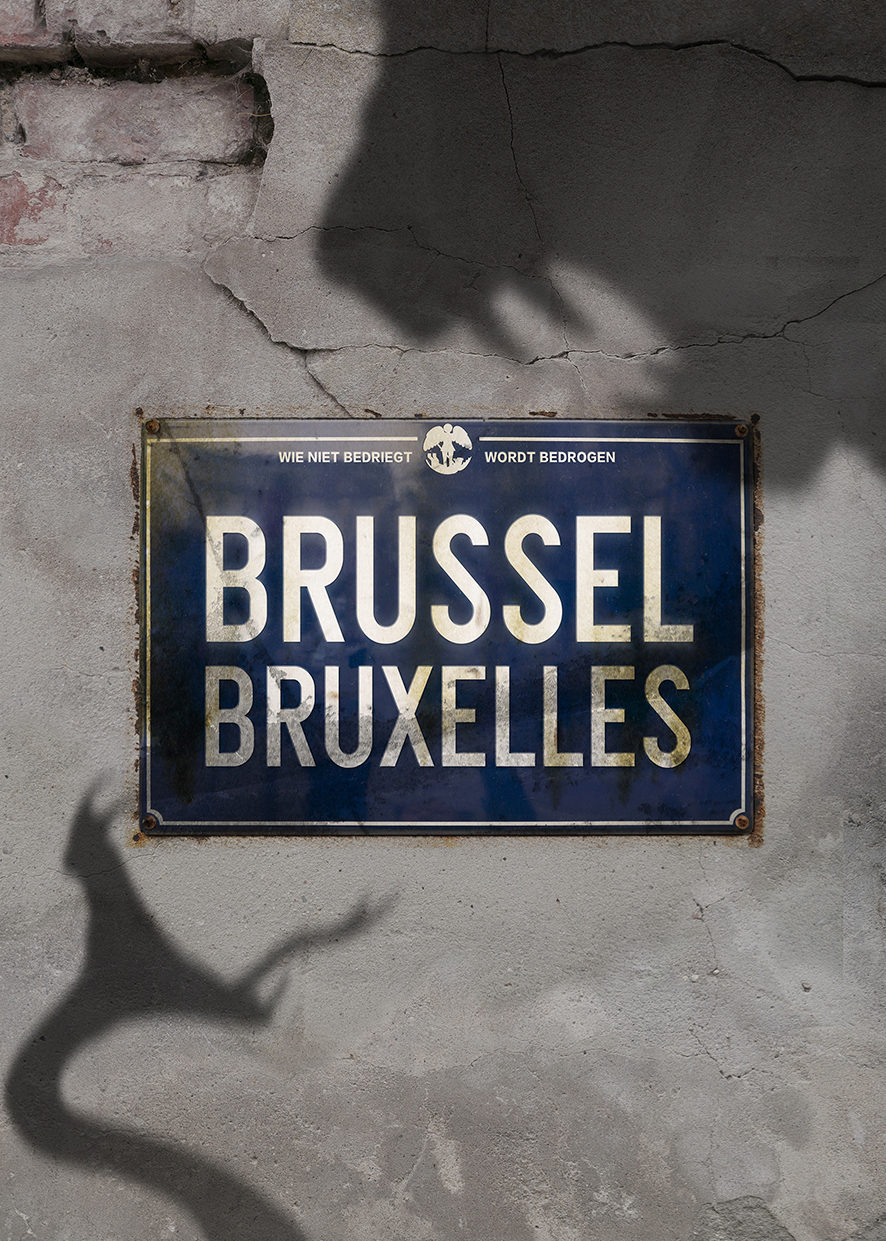 "Brussel Bruxelles" text with shadows of a snake and another animal showing teeth - poster