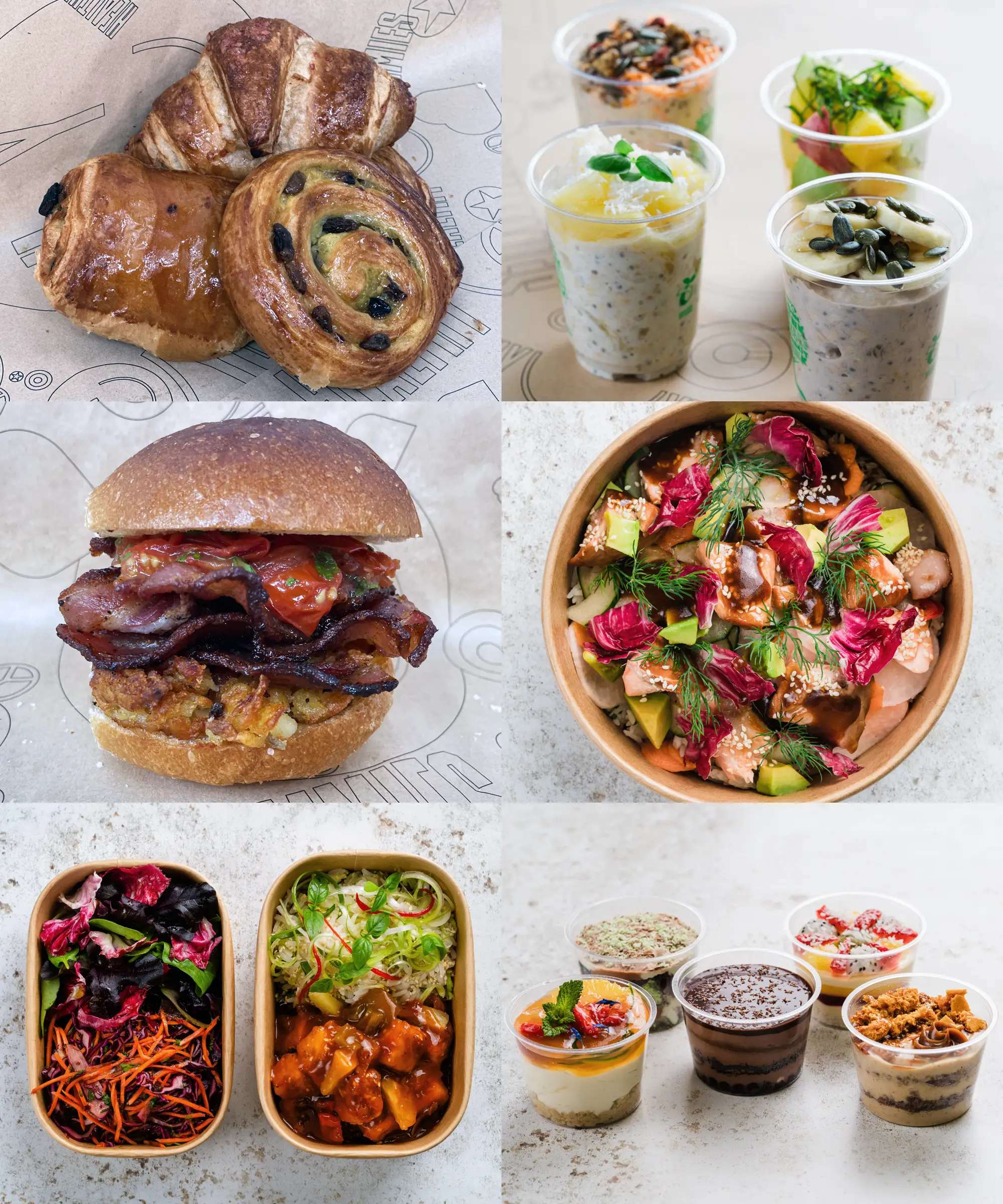 Montage of six hot box food photographs, in three rows of two. First row: pastries and breakfast pots. Second row: Breakfast roll and salad. Third row: two lunch hot boxes and some dessert pots.